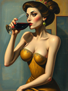 A woman taking a sip of wine while sitting down.